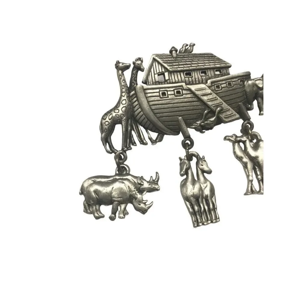 Vtg JJ Noah’s ark brooch pin silver 80s dangle charm lion camel‎ bible Christian